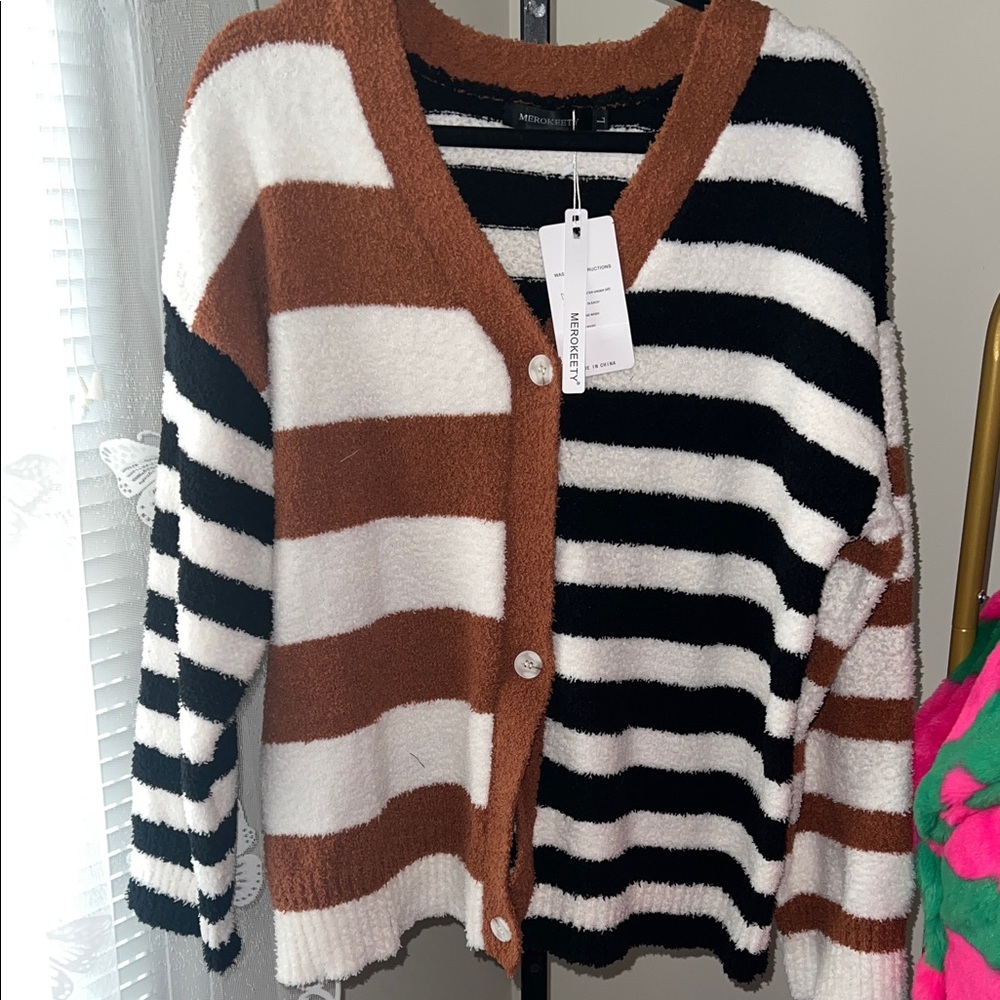 NEW With Tags Black, White, and Brown Striped Cardigan